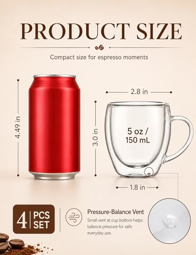 5oz Double Walled Glass Coffee Mugs with Handles (4 Count)
