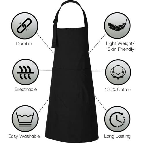 RAJRANG Black Apron Chef for Men and Women with Pockets Cotton Kitchen Cooking Full Aprons 35x27 Inches Pack of 5 (5 Count)