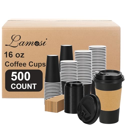 500 Pack 16 oz Disposable Coffee Cups With Lids and Sleeves (500 Count)
