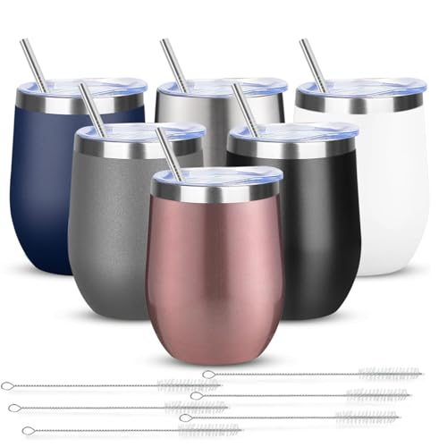 12oz 4 Pack Wine Tumbler Glasses with Lid Stemless Double Wall Vacuum Stainless Steel Travel Tumbler Keeping Cold & Hot for Wine (6 Count)