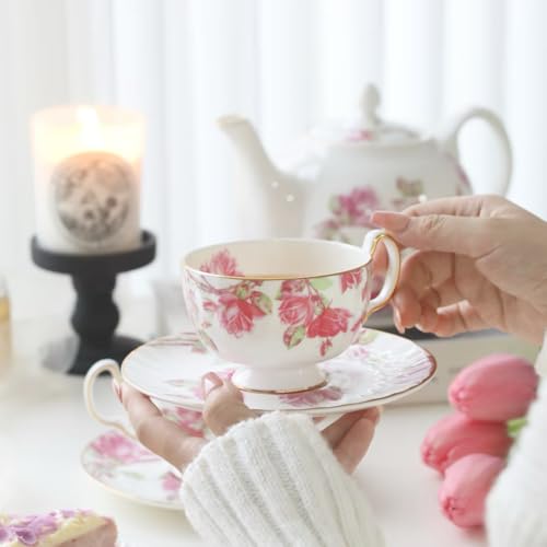 Gold Plated Red Rose Ceramic Tea Set Elizabeth Vintage Tea Sets with Teapot Coffee Serving For Women and Tea Parties