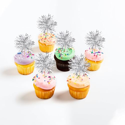 40 PCS Foil Firework Cupcake Toppers Fireworks Cupcake Picks Sparkle Tinsel Cake Decorations Cocktail Fruit Toothpick for Firework Theme Birthday Wedding Graduation Party Decorations Supplies Silver (40 Count)