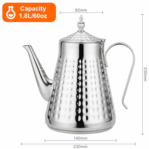 1.8L(60oz) Stainless Steel Hammer Patterned Teapot With Removeable Infuser,Loose leaf cover,Silver