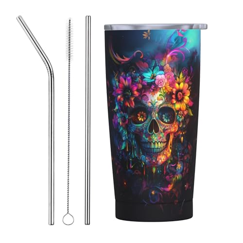 Skull Tumbler with Lid and Straw 20oz Coffee Tumblers Leakproof Stainless Steel Travel Mug Vacuum Insulated Cup for Iced and Hot (20 Count)