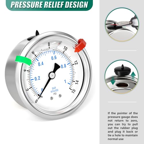0 15psi Stainless Steel Glycerin Liquid Filled Pressure Gauge 1