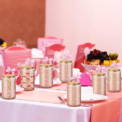 12 Pack Pink Bow Glass Cups with Lids and Straws 16 oz (12 Count)