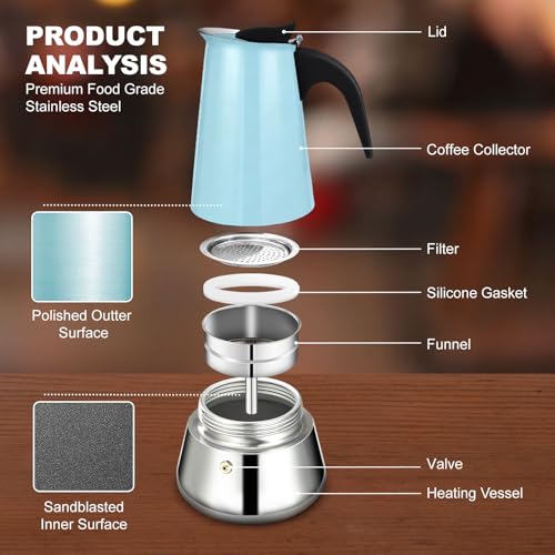 9 Cup Stovetop Espresso Maker Stainless Steel Moka Pot Stove Top Percolator Italian Coffee Makers Capable Mocha Greca Machine Cafe Classic Induction Cookers for Home and Camping 450ml 15oz