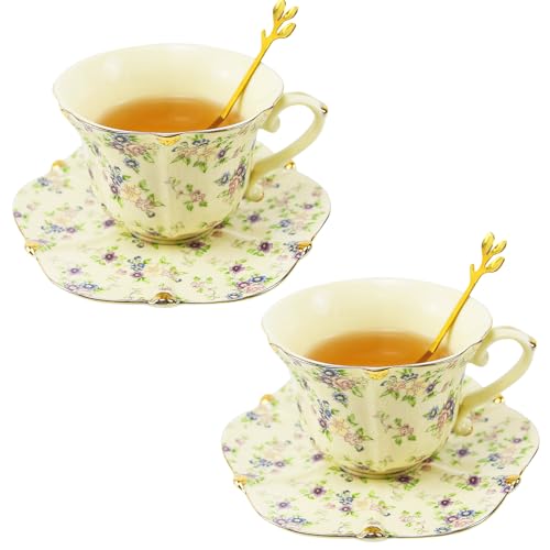 Country Roses Porcelain Tea Cup and Saucer Set with Gold Trim