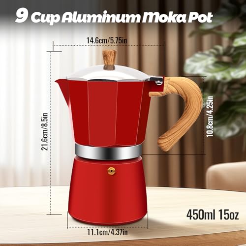 9 Cup Aluminum Moka Pot Classic Stovetop Espresso Coffee Maker 450ml 15oz Coffeemaker Percolator Mocha Pot Greca Coffee Maker Cafe Makers for Italian and Cuban Café Brewing Red