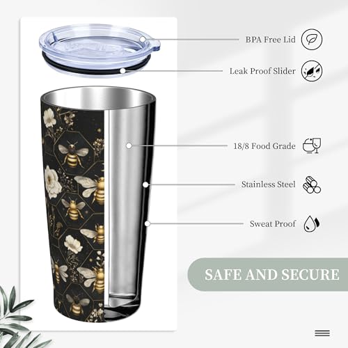 Bee Tumbler with Lid and Straw 20oz Coffee Tumblers Leakproof Stainless Steel Travel Mug Vacuum Insulated Cup for Iced and Hot (20 Count)