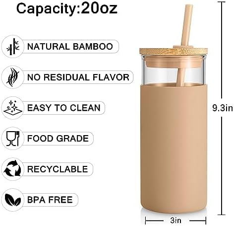Tronco 20 oz Glass Tumbler with Lid & Straw - Iced Coffee Cup & Smoothie Cup With Silicone Sleeve | BPA-Free, Dishwasher Safe | Reusable Glass Cups with Bamboo Lids and Straws (Yellow 1 Count)