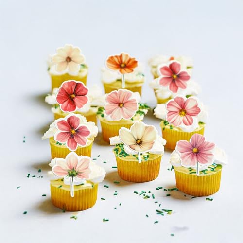 50Pcs Edible Flower Cupcake Toppers Wafer Paper Spring Bridal Engagement Baby Shower Birthday Party Cupcake Picks Anniversary Party Decorations Supplies Rose Red (50 Count)