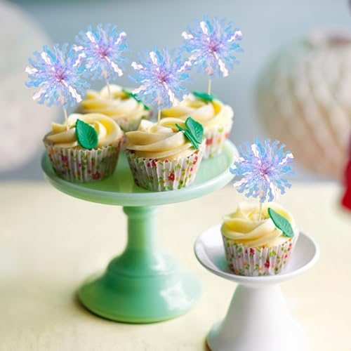 30Pcs Foil Firework Cupcake Toppers Party Birthday Cake Toppers Supplies Sparkle Tinsel Cocktail Fruit Toothpick for Birthday Wedding Graduation Party Light Blue (30 Count)