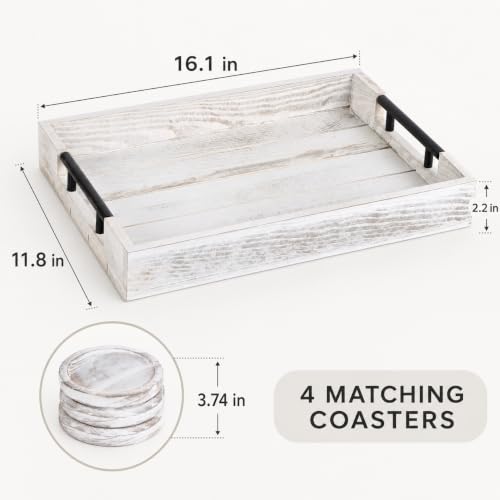 Whitewashed Wooden Serving Tray with Black Metal Handles and 4 Coasters