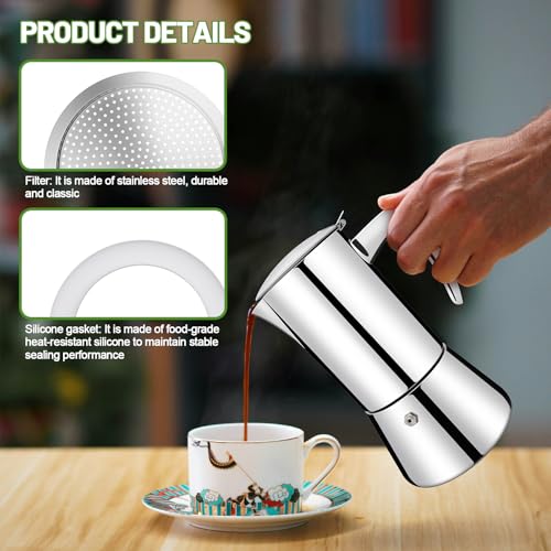 2 Pcs Filter with 3 Pcs Silicone Gasket Seals for 6 Cup Stovetop Espresso Coffee Maker Replacement Parts for 304 Stainless Steel Moka Pot (5 Count)