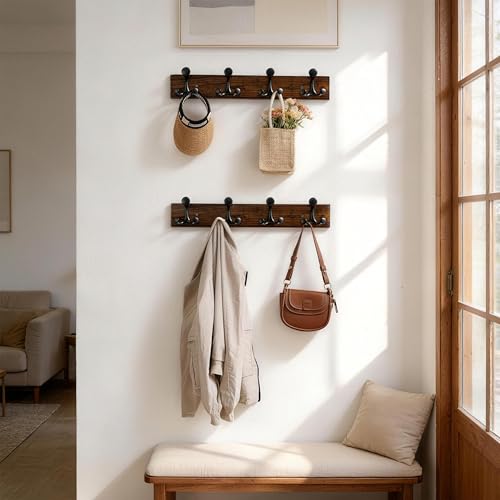 24 Inch Walnut Wood Coat Rack Wall Mount with 4 Triple Hooks