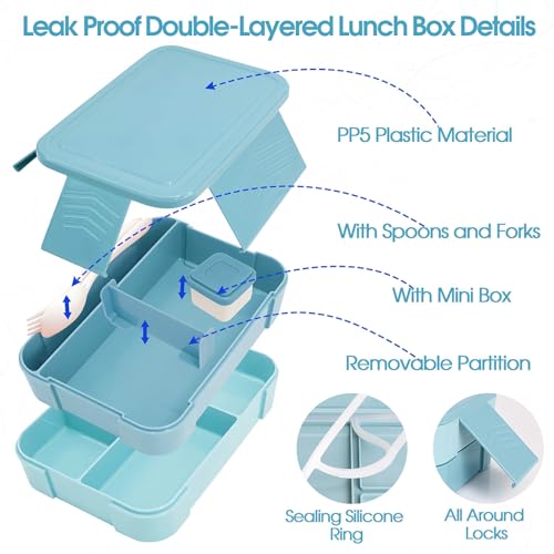 Lunch Box for Girl with 10oz Thermo 6 Compartment Bento Set Blue