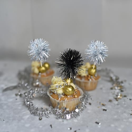 30Pcs Foil Firework Cupcake Toppers Sparkle Tinsel Cake Toppers Tinsel Drink Cake Decoration Cocktail Picks for Birthday Wedding Graduation Party Supplies Black Silver (30 Count)