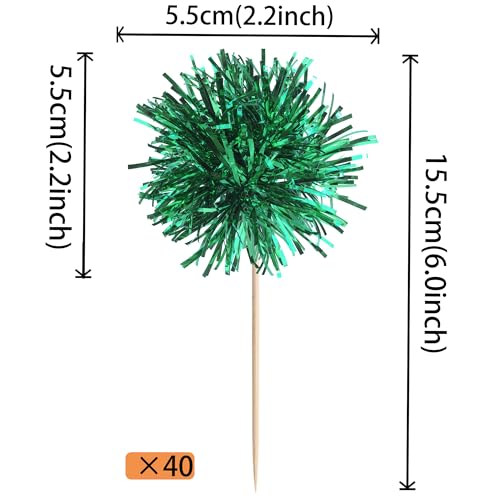 40 PCS Foil Firework Cupcake Toppers Green Sparkler Cupcake Picks Sparkle Tinsel Fireworks Decorations Cocktail Fruit Toothpick for Firework Theme Birthday Wedding Graduation Party Decoration Supplies (40 Count)