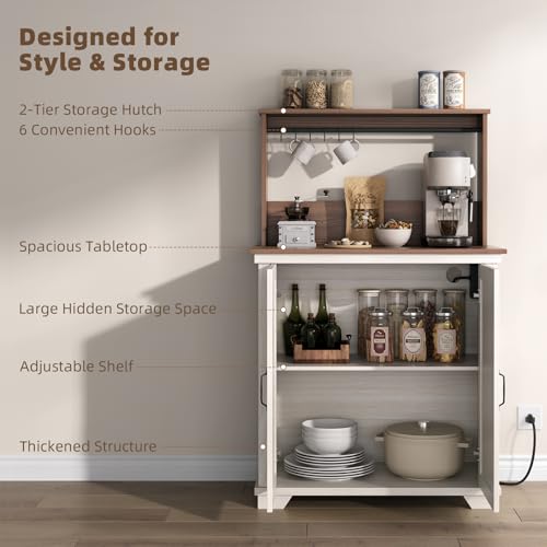 Farmhouse Coffee Bar Cabinet with Storage and Charging