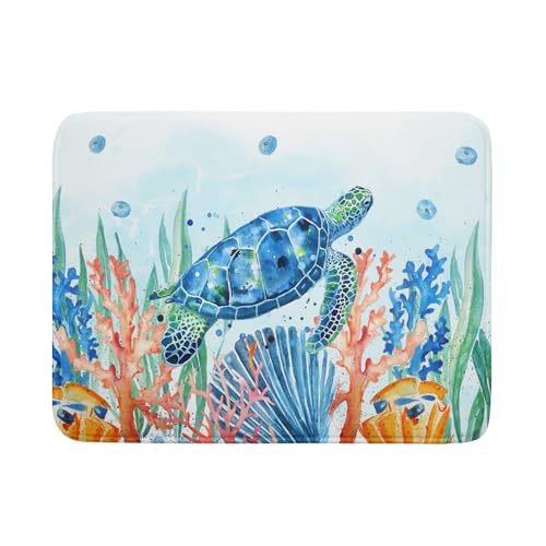 Sea Turtle Dish Drying Mat 18x24in Watercolor Blue Tortoise Dish Drainer Mats Nautical Ocean Coral Seashell Seaweed Microfiber Dish Drying Pad for Kitchen Countertop Large Decor