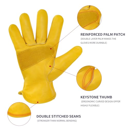 Water Repellent Cowhide Leather Work Gloves for Men 1 Pair Gold M