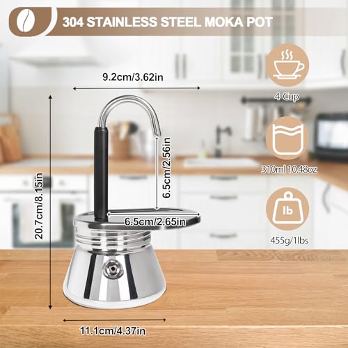 Uncoated 4 Cup Single Tube Moka Pot 304 Thickened Stainless Steel