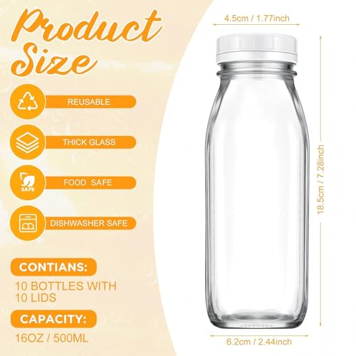 10 Pack 16 oz Glass Milk Bottles with Lids (10 Count)