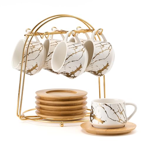 Ceramic Espresso Cups with Saucers and Metal Stand (7.6 Count)