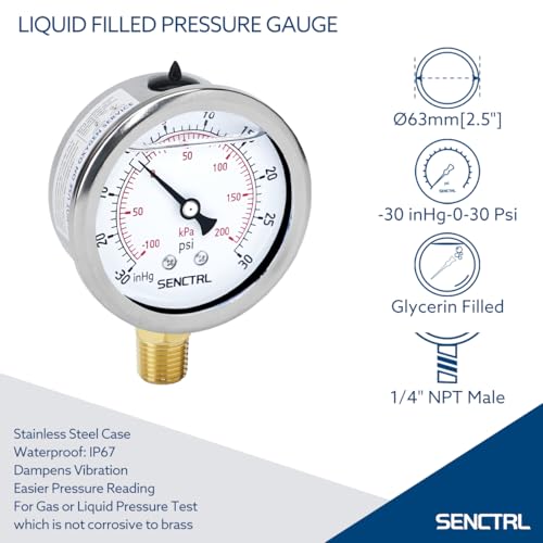 30 inHg to 30 Psi Vacuum Glycerin Liquid Filled Low Pressure Gauge