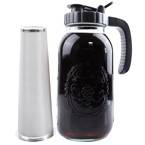Cold Brew Coffee Maker Pitcher 2 Quart Glass Mason Jar With Spout Lid Filter Half Gallon Wide Mouth Iced Tea Brewing Jug Heavy Duty Handle Airtight & Leak
