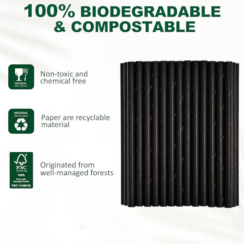 5.75 inch 8mm Wide Short Black Paper Drinking Straws Disposable for Lowball Glasses (250 Count)