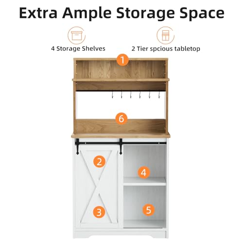 Farmhouse Coffee Station with 3 Tier Storage Hutch & 6 Hooks