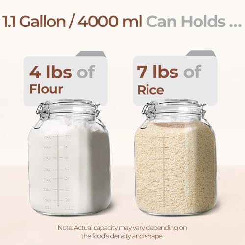 Large Square Glass Food Jars 1.1 Gallon 2 Pack for Flour Sugar Rice (2 Count)