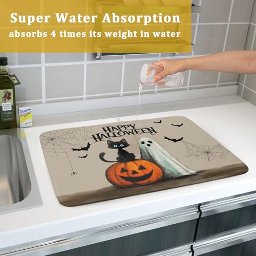 Happy Halloween Black Cat Ghost Dish Drying Mat for Kitchen Counter