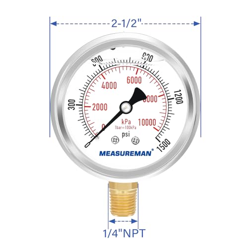 2-1/2" Dial Size, Glycerin Filled Pressure Gauge, 0-1500psi/kpa, 304 Stainless Steel Case, 1/4" NPT Lower Mount