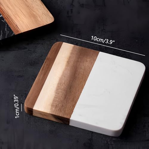 4 Piece Marble and Wood Coasters for Drinks (4 Count)