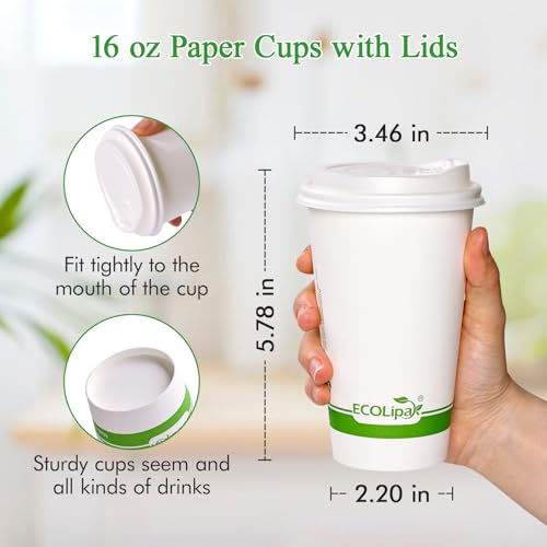 100 Count 16 oz Compostable Paper Coffee Cups with CPLA Lid