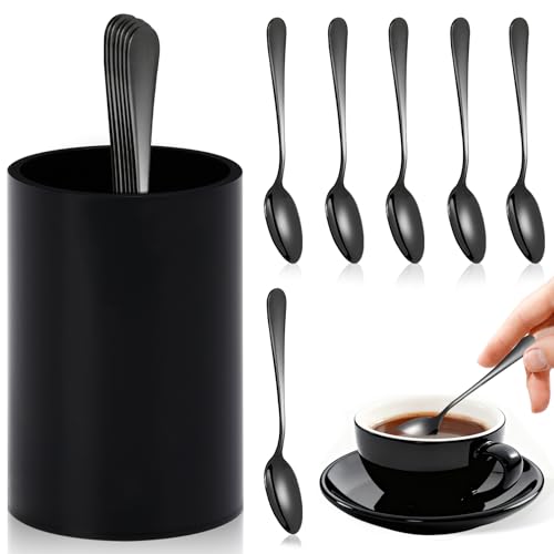 6 PCS Black Coffee Spoons with Holder Small Espresso Coffee Spoons 4.92 Inch Coffee Mixing Spoon Black Dessert Spoon Stainless Steel Tea Spoon Set of 6 for Tea Party Bar (6 Count)