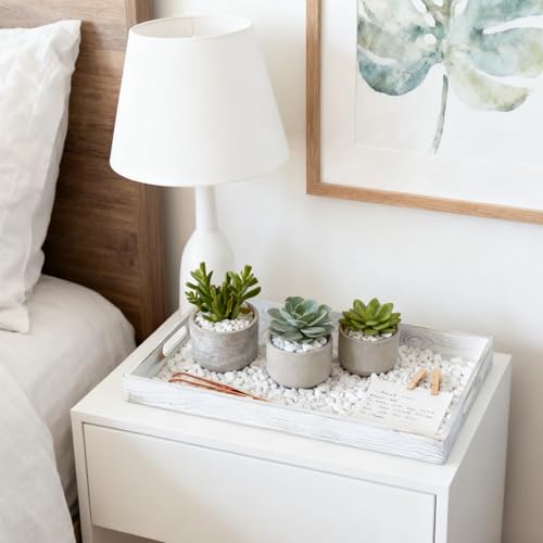 Rustic White Wood Serving Tray with Handles 17 Inch Wooden Tray for Ottoman