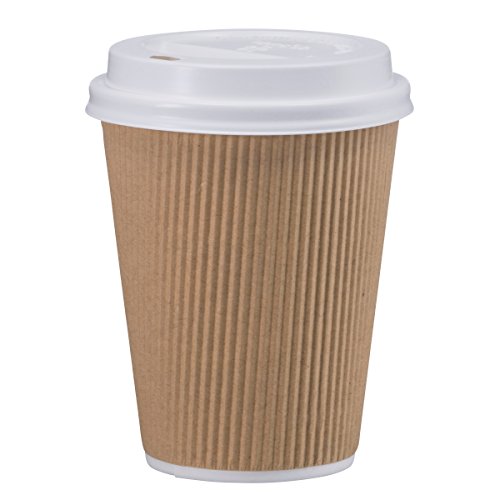 100 8 oz Ripple Kraft Paper Cups Brown Hot Cold with Lids 3 Layer Rippled Small Insulated Disposable Coffee Cups for Cappuccino Hot Cocoa or Iced Drinks (100 Count)