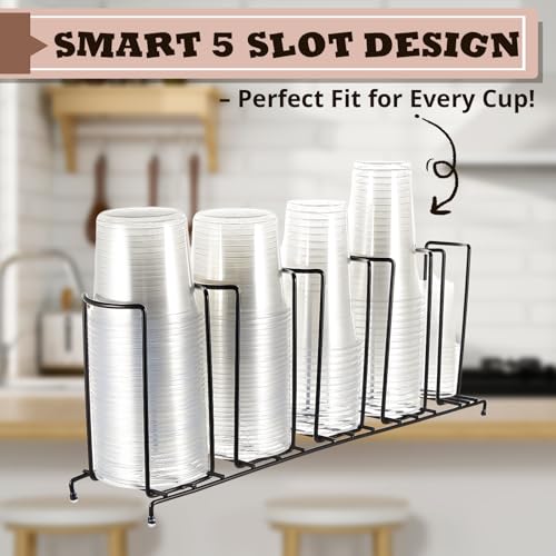 2 Pcs 5 Section Coffee Cup Organizers 23 x 5 x 8.5 Inch Wire Rack Coffee Cup and Lid Holder Black Iron Lid Dispenser Countertops Station Organizer for Kitchen Storage Essentials (2 Count)