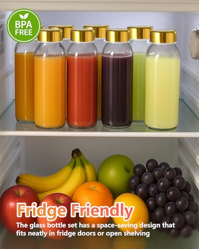 10 oz Glass Juice Bottles with Stainless Steel Gold Lid Leak Proof (8 Count)