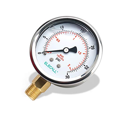 2-1/2” Glycerin Liquid Filled Air Pressure Gauge, 0-30Psi, 1/4”NPT Lower Mount, Stainless Steel Case, Brass Internals, Water Pressure Gauge