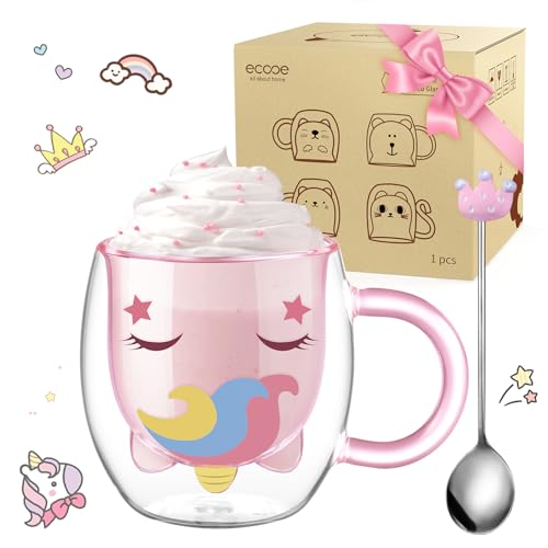 Cute Unicorn Mug Double Walled Glass Mug 9.4oz Coffee Milk Tea Cup