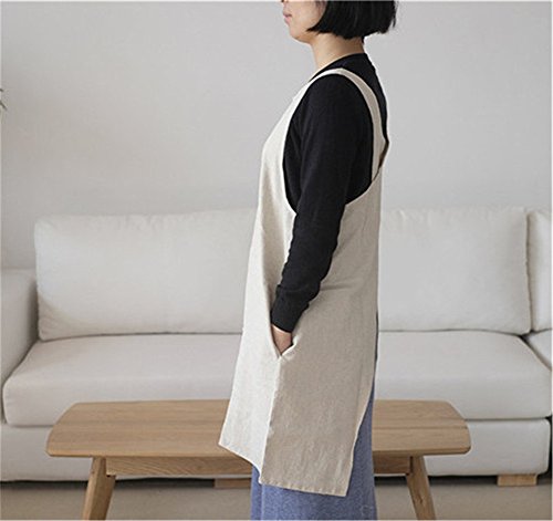 Soft Cotton Linen Apron Solid Color Halter Cross Bandage Aprons Japanese Style X Shape Double Pockets Kitchen Cooking Clothes Gift for Women Chef Housewarming