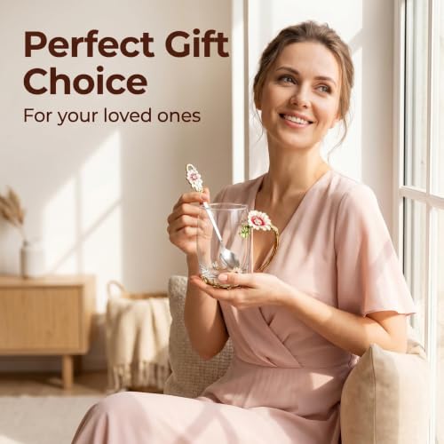 Tea Cup Gifts for Mom Women Mothers Day Glass Coffee Enamels Mug Birthday Butterfly Rose Valentines Day Christmas Tea Cup with Spoon