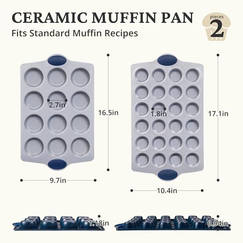 2 Pack 12 Cup and Mini 24 Cup Non Toxic Nonstick Ceramic Muffin Pan & Cupcake Tin (2 Count)