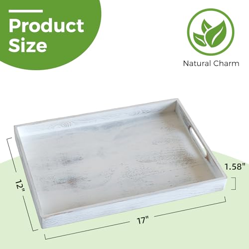 Rustic White Wood Serving Tray with Handles 17 Inch Wooden Tray for Ottoman