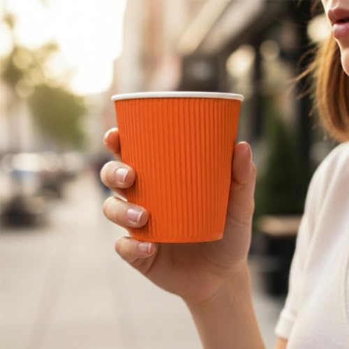 Ripple Wall Coffee Cups 500 Count 8 Ounce Insulated Tangerine Orange Paper Cups